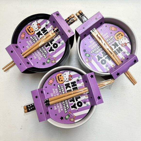 Sanrio Hello Kitty 20oz Halloween Ceramic Bowls with Chopsticks (set of 3) NEW - Picture 5 of 6
